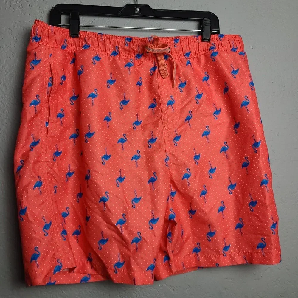 Surf Society Men's Tie Neon Orange Flamingo Lined Pockets Swimwear Short Sz XL